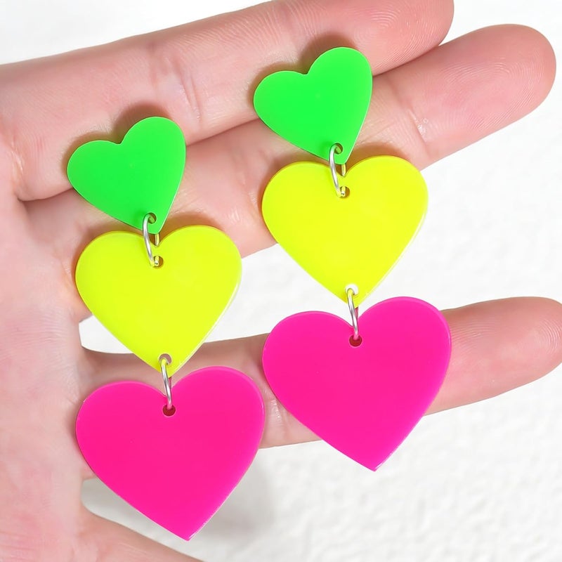 HOLYRY Neon Heart Earrings for Women Acrylic Neon Earrings 80s 90s Outfit for Women Glow Party Accessories Gifts Hot Pink Orange Green Yellow - Image 5